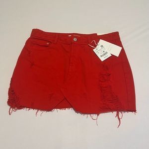 Zara Trafaluc Distressed Red Denim Mini Skirt Size Large NWT